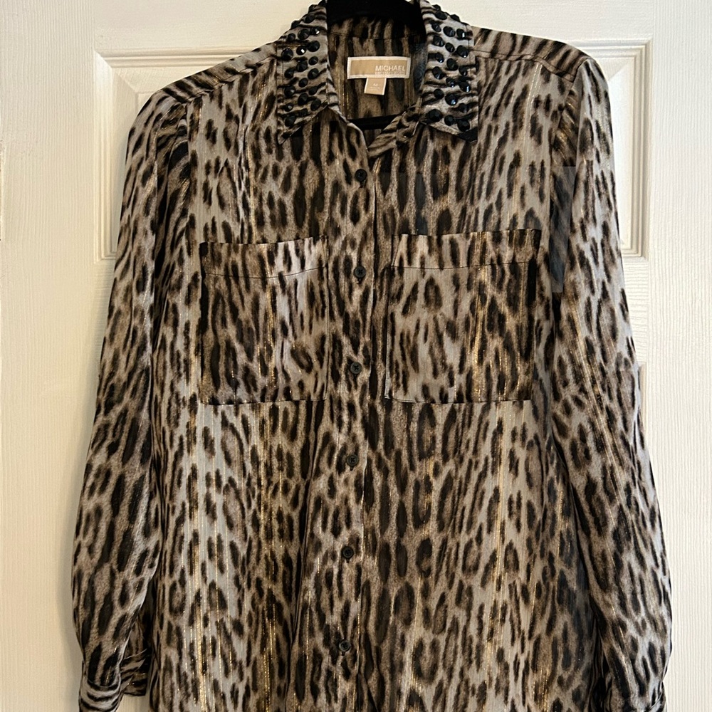 MICHAEL Michael Kors Animal Print roll up sleeve blouse embellish size Medium